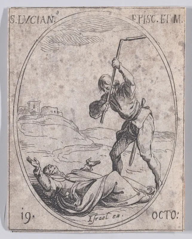 S. Lucien, évêque (St. Lucian, Bishop), October 19th, from "Les Images De Tous Les Saincts et Saintes de L'Année" (Images of All of the Saints and Religious Events of the Year) Wall Art by Jacques Callot - High-Resolution Digital Print