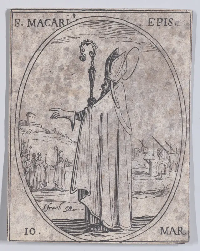 S. Macaire, évêque (St. Macarius, Bishop), March 10th, from "Les Images De Tous Les Saincts et Saintes de L'Année" (Images of All of the Saints and Religious Events of the Year) Wall Art by Jacques Callot - High-Resolution Digital Print