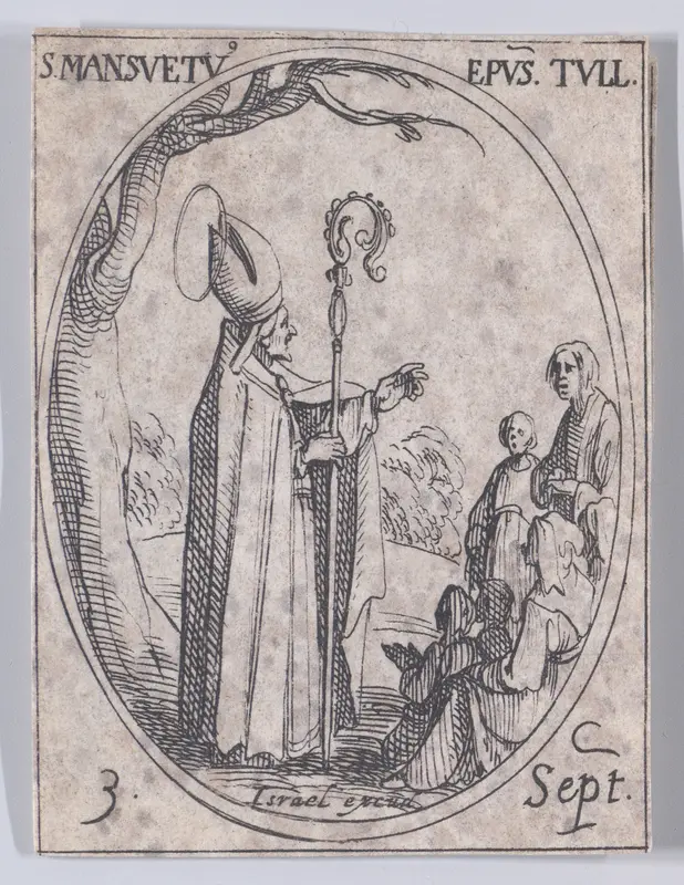 S. Mansuet, évêque (St. Mansuetus, Bishop), September 3rd, from "Les Images De Tous Les Saincts et Saintes de L'Année" (Images of All of the Saints and Religious Events of the Year) Wall Art by Jacques Callot - High-Resolution Digital Print