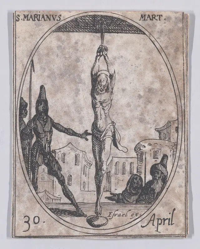 S. Marien, martyre (St. Marianus, Martyr), April 30th, from "Les Images De Tous Les Saincts et Saintes de L'Année" (Images of All of the Saints and Religious Events of the Year) Wall Art by Jacques Callot - High-Resolution Digital Print