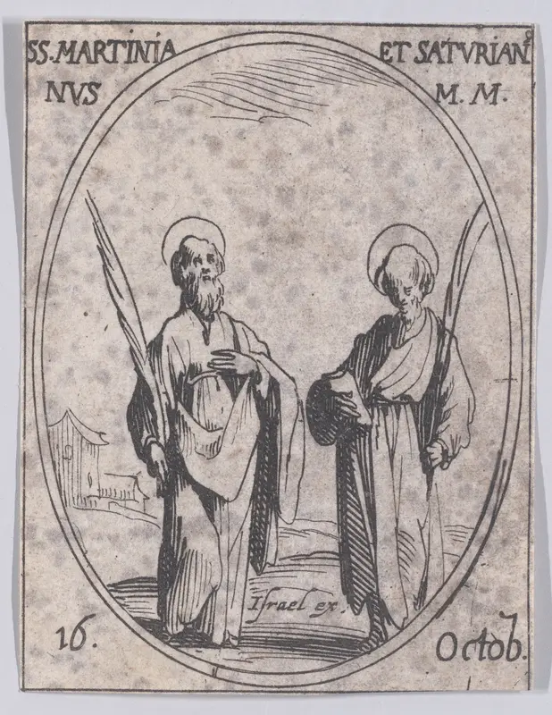 S. Martinien et S. Saturien (St. Martinian and St. Saturnian), October 16th, from "Les Images De Tous Les Saincts et Saintes de L'Année" (Images of All of the Saints and Religious Events of the Year) Wall Art by Jacques Callot - High-Resolution Digital Print