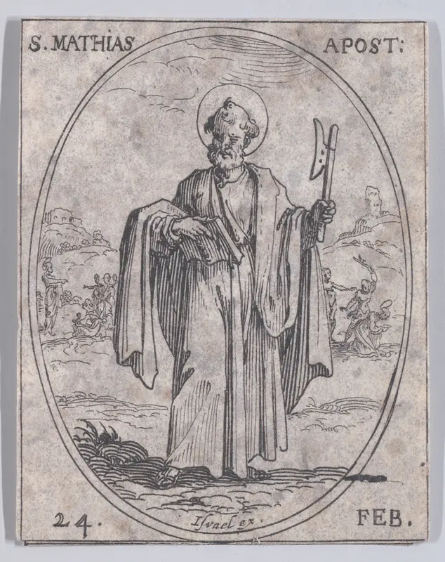 S. Mathias, apôtre (St. Matthew, Apostle), February 24th, from "Les Images De Tous Les Saincts et Saintes de L'Année" (Images of All of the Saints and Religious Events of the Year) Wall Art by Jacques Callot - High-Resolution Digital Print