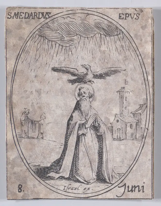 S. Médard, évêque (St. Medard, Bishop), June 8th, from "Les Images De Tous Les Saincts et Saintes de L'Année" (Images of All of the Saints and Religious Events of the Year) Wall Art by Jacques Callot - High-Resolution Digital Print