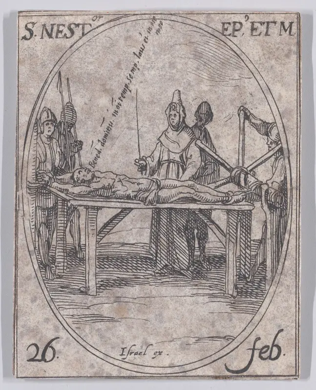 S. Nestor, évêque et martyr (St. Nestor, Bishop and Martyr), February 26th, from "Les Images De Tous Les Saincts et Saintes de L'Année" (Images of All of the Saints and Religious Events of the Year) Wall Art by Jacques Callot - High-Resolution Digital Print