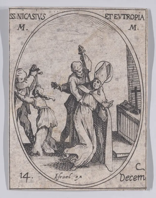 S. Nicaise et Ste. Eutropie (St. Nicasius and St. Eutropia), December 14th, from "Les Images De Tous Les Saincts et Saintes de L'Année" (Images of All of the Saints and Religious Events of the Year) Wall Art by Jacques Callot - High-Resolution Digital Print