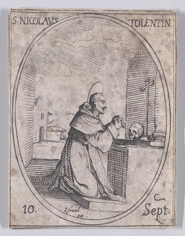 S. Nicolas de Tolentino (St. Nicholas of Tolentino), September 10th, from "Les Images De Tous Les Saincts et Saintes de L'Année" (Images of All of the Saints and Religious Events of the Year) Wall Art by Jacques Callot - High-Resolution Digital Print