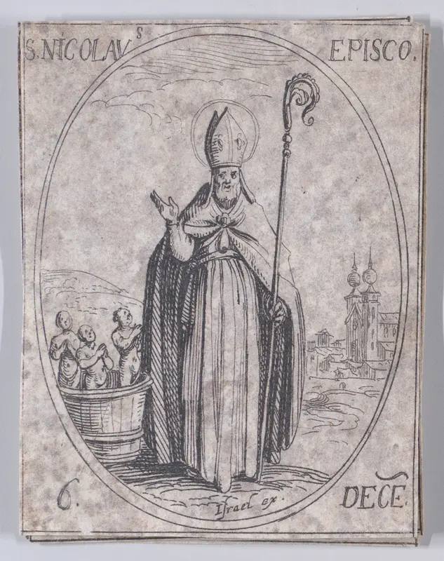 S. Nicolas, évêque (St. Nicholas, Bishop), December 6th, from "Les Images De Tous Les Saincts et Saintes de L'Année" (Images of All of the Saints and Religious Events of the Year) Wall Art by Jacques Callot - High-Resolution Digital Print