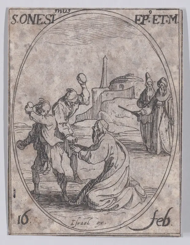 S. Onésime, évêque et martyr (St. Onesimus, Bishop and Martyr), February 16th, from "Les Images De Tous Les Saincts et Saintes de L'Année" (Images of All of the Saints and Religious Events of the Year) Wall Art by Jacques Callot - High-Resolution Digital Print