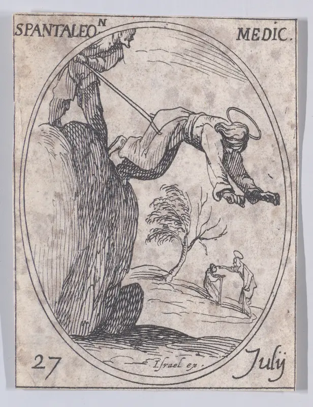 S. Pantaléon, médecin (St. Pantaleon, Doctor), July 27th, from "Les Images De Tous Les Saincts et Saintes de L'Année" (Images of All of the Saints and Religious Events of the Year) Wall Art by Jacques Callot - High-Resolution Digital Print