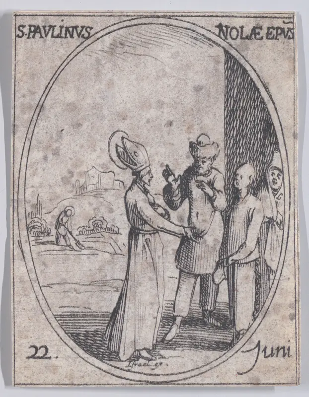 S. Paulin, évêque de Nole (St. Paulinas, Bishop of Nolas), June 22nd, from "Les Images De Tous Les Saincts et Saintes de L'Année" (Images of All of the Saints and Religious Events of the Year) Wall Art by Jacques Callot - High-Resolution Digital Print