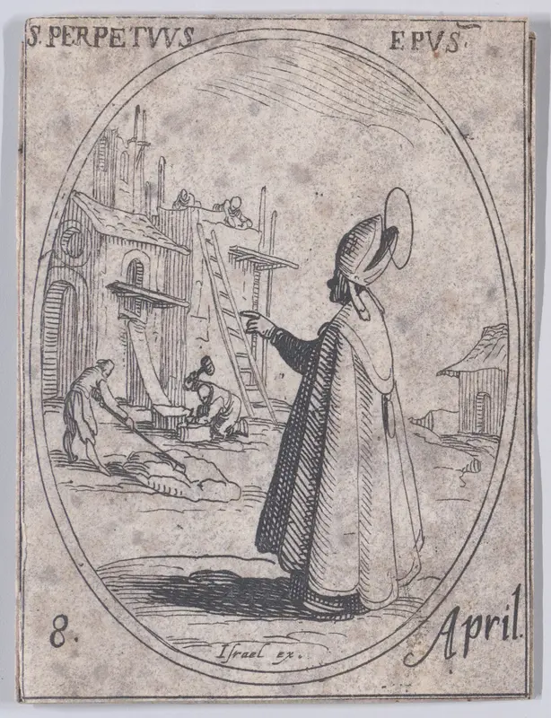 S. Perpétue, évêque (St. Perpetuus, Bishop), April 8th, from "Les Images De Tous Les Saincts et Saintes de L'Année" (Images of All of the Saints and Religious Events of the Year) Wall Art by Jacques Callot - High-Resolution Digital Print