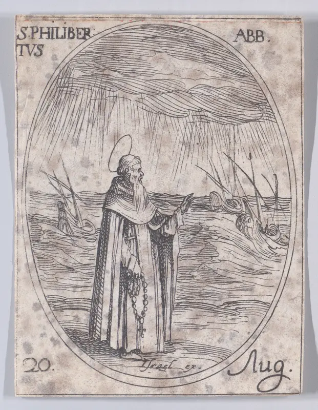 S. Philibert, abbé (St. Philibert, Abbot), August 20th, from "Les Images De Tous Les Saincts et Saintes de L'Année" (Images of All of the Saints and Religious Events of the Year) Wall Art by Jacques Callot - High-Resolution Digital Print
