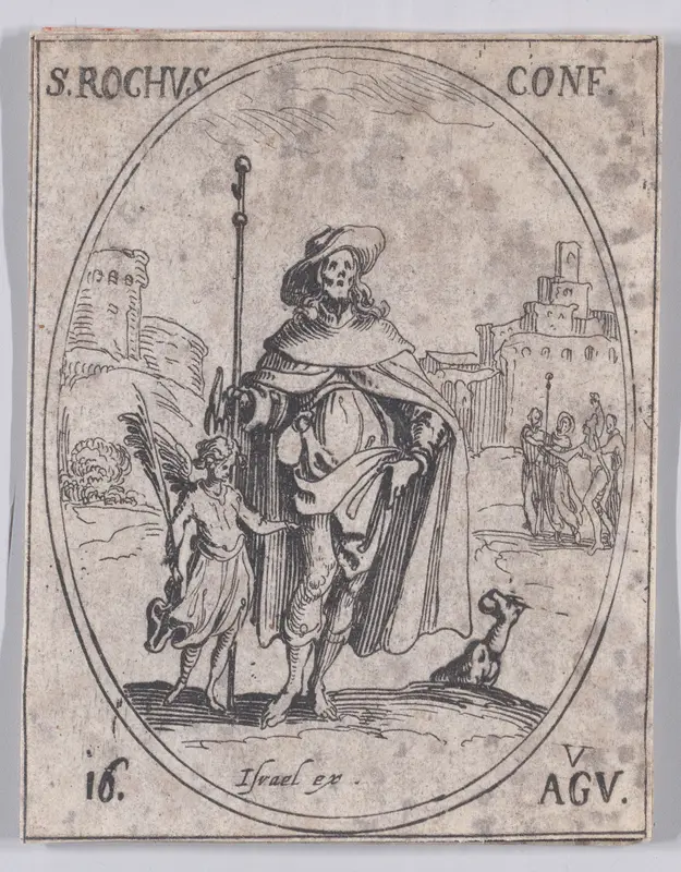 S. Roch, confesseur (St. Roch, Confessor), August 16th, from "Les Images De Tous Les Saincts et Saintes de L'Année" (Images of All of the Saints and Religious Events of the Year) Wall Art by Jacques Callot - High-Resolution Digital Print