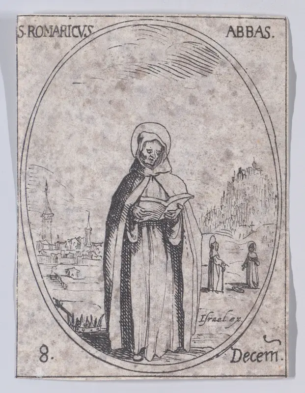 S. Romaric, abbé (St. Romaric, Abbot), December 8th, from "Les Images De Tous Les Saincts et Saintes de L'Année" (Images of All of the Saints and Religious Events of the Year) Wall Art by Jacques Callot - High-Resolution Digital Print