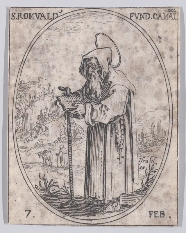 S. Romuald, Fondateur des Camaldules (St. Romuald, Founder of the Camaldolese Order), February 7th, from "Les Images De Tous Les Saincts et Saintes de L'Année" (Images of All of the Saints and Feast Days of the Year) Wall Art by Jacques Callot - High-Resolution Digital Print