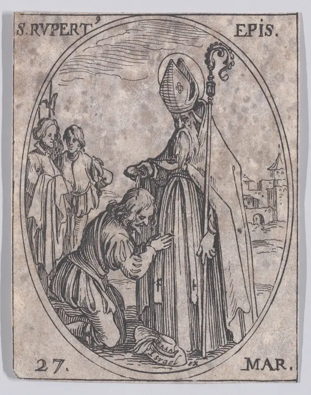 S. Rupert, évêque (St. Rupert, Bishop), March 27th, from "Les Images De Tous Les Saincts et Saintes de L'Année" (Images of All of the Saints and Religious Events of the Year) Wall Art by Jacques Callot - High-Resolution Digital Print