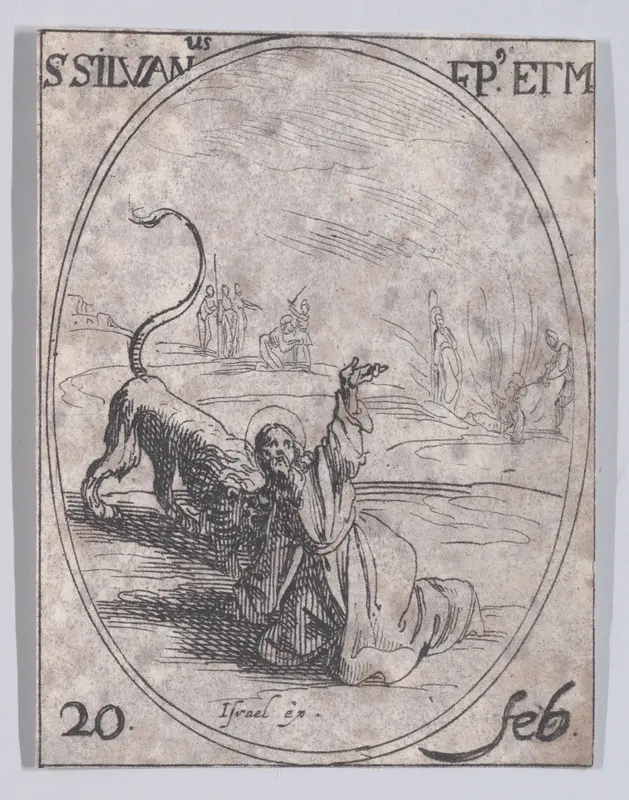 S. Silvain, évêque et martyr (St. Sylvanus, Bishop and Martyr), February 20th, from "Les Images De Tous Les Saincts et Saintes de L'Année" (Images of All of the Saints and Religious Events of the Year) Wall Art by Jacques Callot - High-Resolution Digital Print