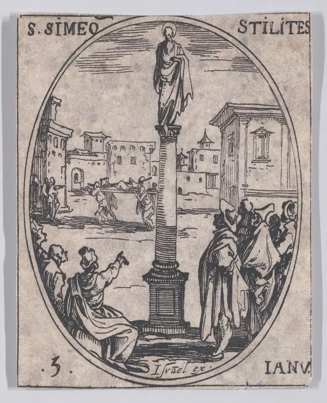 S. Siméone Stylite (St. Simeon Stylites), January 5th, from "Les Images De Tous Les Saincts et Saintes de L'Année" (Images of All of the Saints and Feast Days of the Year) Wall Art by Jacques Callot - High-Resolution Digital Print
