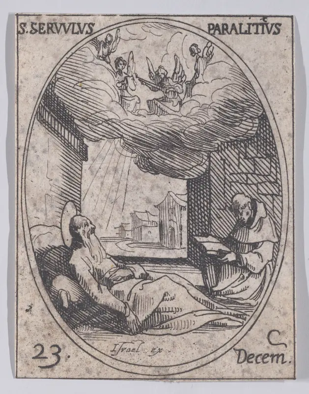 S. Survule, le paralytique (St. Survulus, the paralytic), December 23rd, from "Les Images De Tous Les Saincts et Saintes de L'Année" (Images of All of the Saints and Religious Events of the Year) Wall Art by Jacques Callot - High-Resolution Digital Print