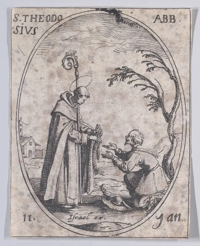 S. Théodose, abbé (St. Theodosius, Abbot), January 11th, from "Les Images De Tous Les Saincts et Saintes de L'Année" (Images of All of the Saints and Feast Days of the Year) Wall Art by Jacques Callot - High-Resolution Digital Print