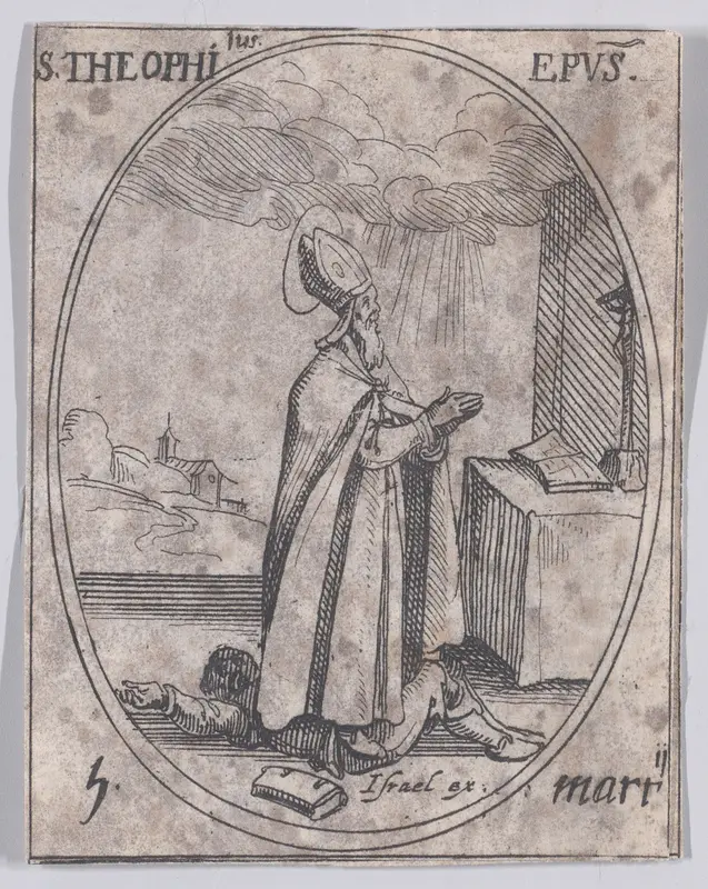 S. Théophile, évêque (St. Theophilus, Bishop), March 5th, from "Les Images De Tous Les Saincts et Saintes de L'Année" (Images of All of the Saints and Religious Events of the Year) Wall Art by Jacques Callot - High-Resolution Digital Print