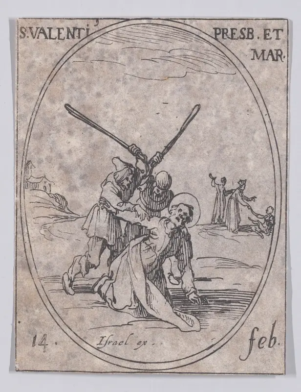 S. Valentin, prêtre et martyr (St. Valentine, Priest and Martyr), February 14th, from "Les Images De Tous Les Saincts et Saintes de L'Année" (Images of All of the Saints and Religious Events of the Year) Wall Art by Jacques Callot - High-Resolution Digital Print
