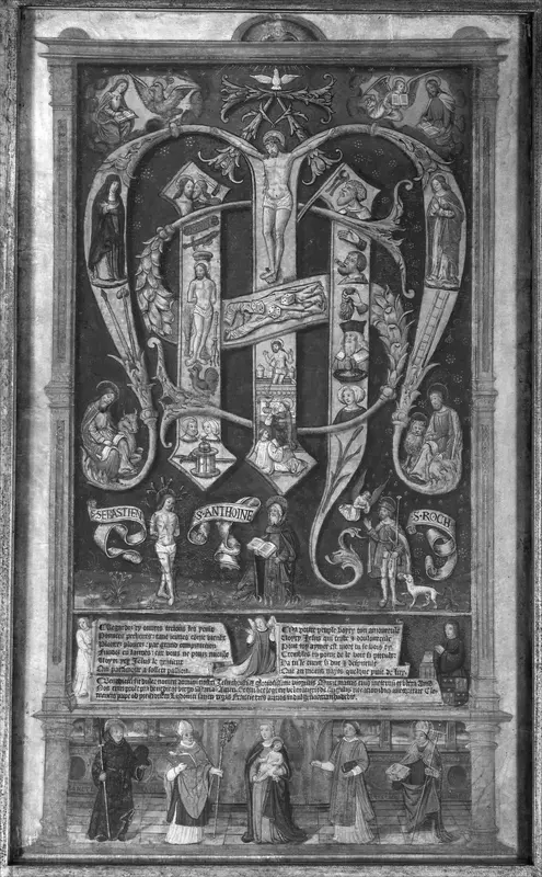 Sacred Monogram with the Trinity, Instruments of the Passion, and Saints Wall Art by Anonymous, French, Paris?, 15th century - High-Resolution Digital Print