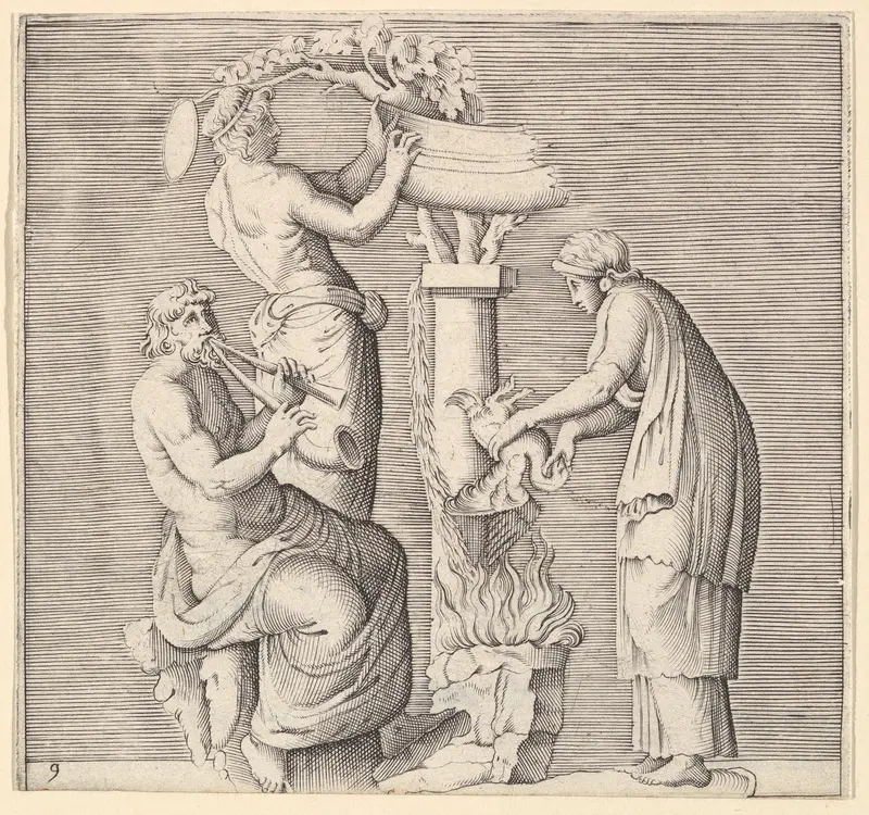 Sacrifice of a Swan, from "Ex Antiquis Cameorum et Gemmae Delineata/ Liber Secundus/et ab Enea Vico Parmen Incis" Wall Art by Anonymous, Italian, 16th century - High-Resolution Digital Print