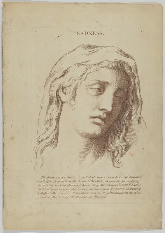 Sadness, plate 13 from "Heads Representing the Various Passions of the Soul; as they are Expressed in the Human Countenance: Drawn by that Great Master Monsieur Le Brun" Wall Art by Anonymous, British, 18th century - High-Resolution Digital Print