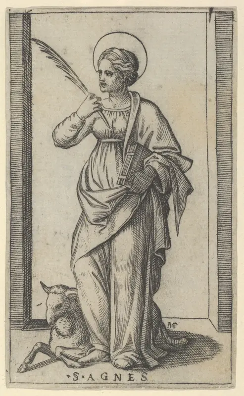 Saint Agnes standing a holding a palm in her right hand, a sheep lower left, from "Piccoli Santi" (Small Saints)