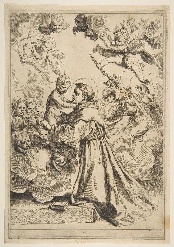 Saint Anthony of Padua adoring the Christ Child in Glory, copy after Cantarini Wall Art by Simone Cantarini - High-Resolution Digital Print