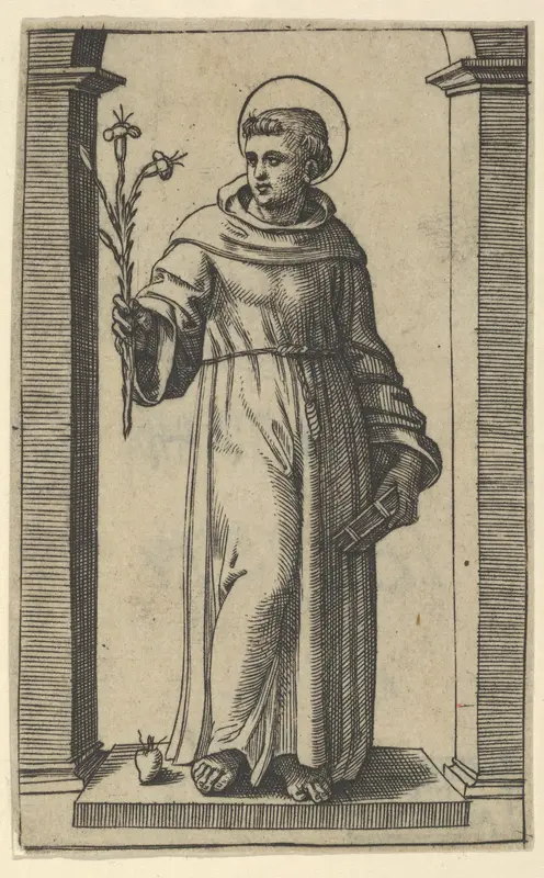 Saint Anthony of Padua standing, lillies in his raised right hand, a book in his left, from "Piccoli Santi" (Small Saints)