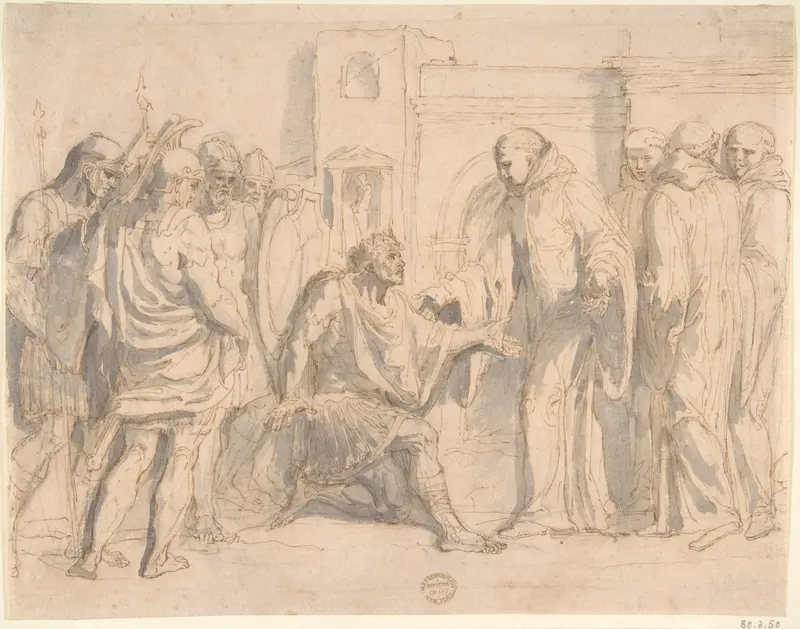 Saint Benedict and King Totila Wall Art by Anonymous, Italian, Roman-Bolognese, 17th century - High-Resolution Digital Print