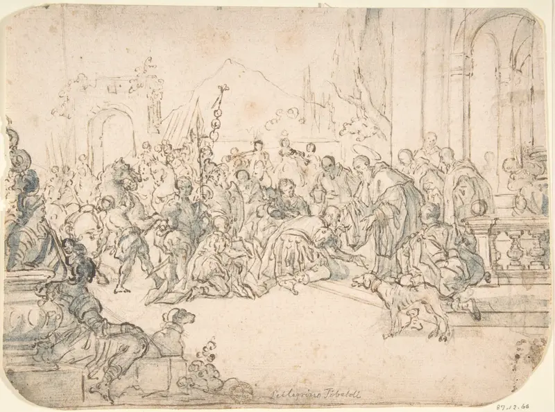 Saint Benedict Receiving a Warrior (recto); Sketch of Crowded Narrative Scene (verso) Wall Art by Anonymous, Italian, Roman-Bolognese, 17th century - High-Resolution Digital Print
