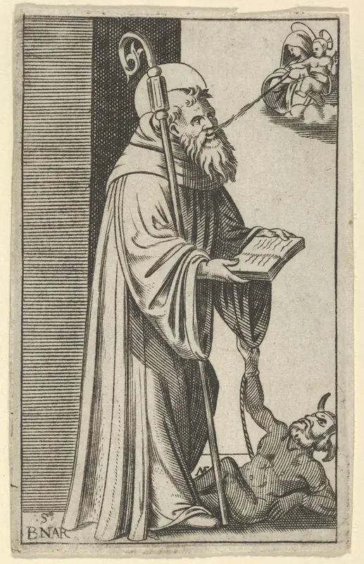 Saint Bernard standing holding an open book, a chained dragon at the lower right, from "Piccoli Santi" (Small Saints)