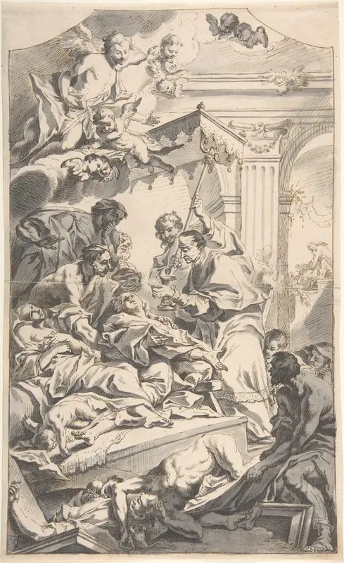 Saint Carl Borromäus Giving Extreme Unction to the Plague-Stricken. Wall Art by Johann Daniel Herz the Elder - High-Resolution Digital Print