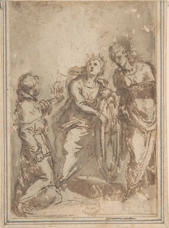 Saint Catherine Flanked by a Male and a Female Saint Wall Art by Anonymous, Italian, Bolognese, 17th century - High-Resolution Digital Print