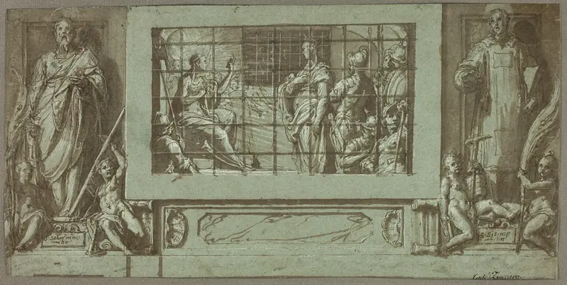 Saint Catherine in Prison Converting the Empress Faustina to Christianity, Flanked by Saints Saturnius and Simon Wall Art by Federico Zuccaro - High-Resolution Digital Print
