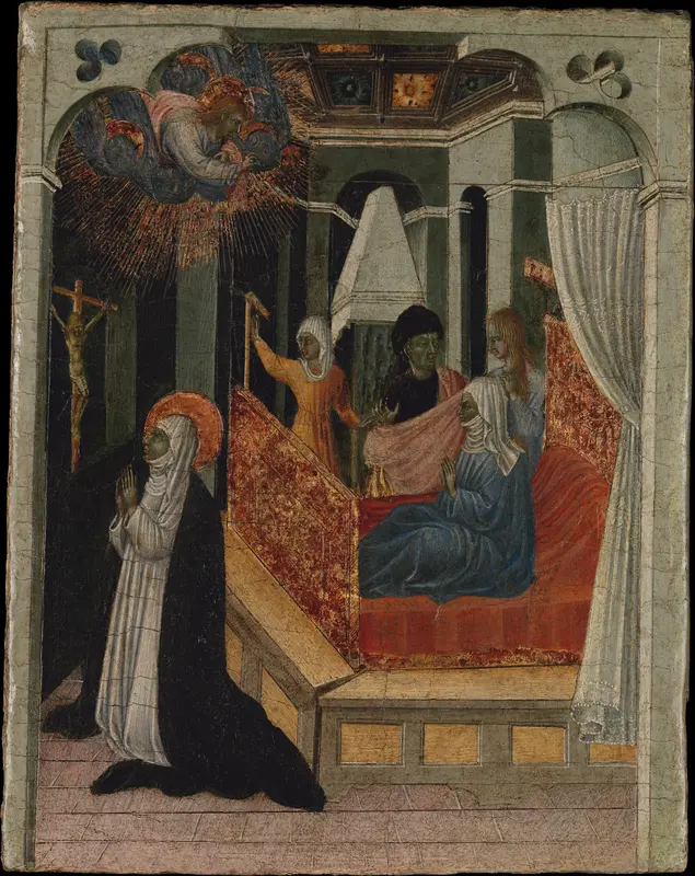 Saint Catherine of Siena Beseeching Christ to Resuscitate Her Mother Wall Art by Giovanni di Paolo (Giovanni di Paolo di Grazia) - High-Resolution Digital Print