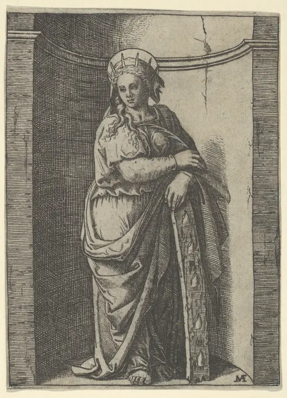 Saint Catherine standing in a niche, resting on a wheel, her instrument of torture