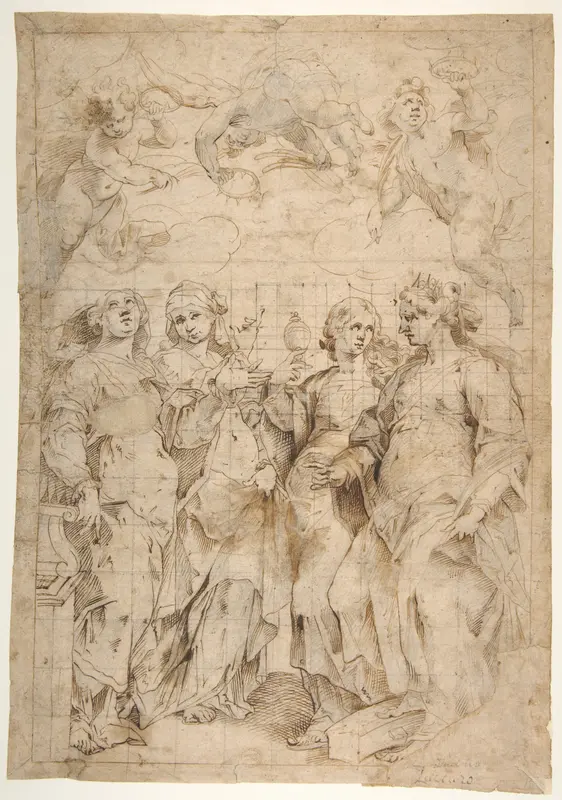 Saint Cecilia, Saint Mary Magdalen, Saint Catherine of Alexandria, and Saint  Agnes, Angels with Palm Branches and Crowns Above (recto); Sketches of Three Standing Figures and Arithmetic Calculations (verso) Wall Art by Panfilo Nuvolone - High-Resolution Digital Print
