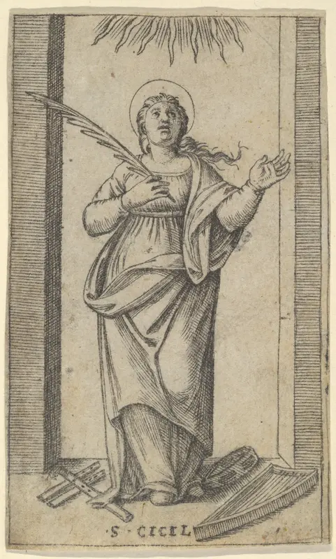 Saint Cecilia standing holding a palm of martyrdom in her right hand, from "Piccoli Santi" (Small Saints)
