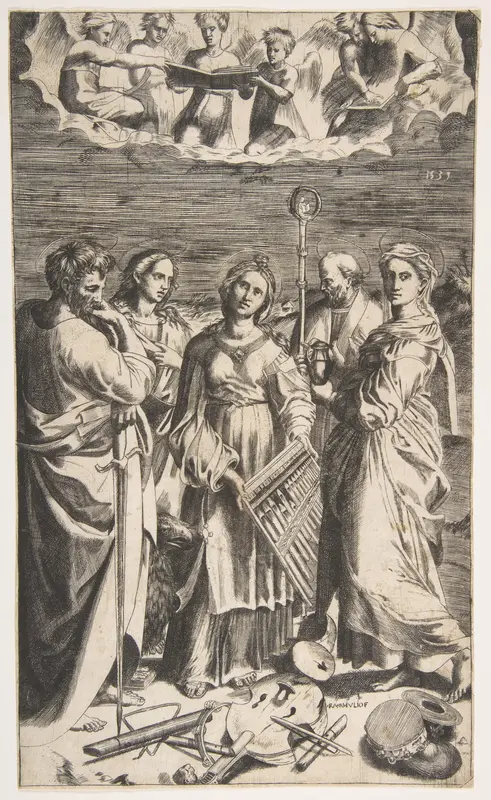 Saint Cecilia standing in the centre accompanied by Saint Paul, the Magdalene, Saint John the Evangelist, and Saint Augustine Wall Art by Giulio Bonasone - High-Resolution Digital Print