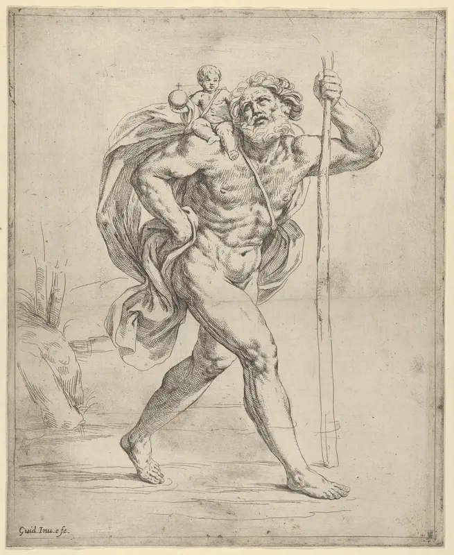 Saint Christopher walking with the infant Christ on his right shoulder Wall Art by Guido Reni - High-Resolution Digital Print