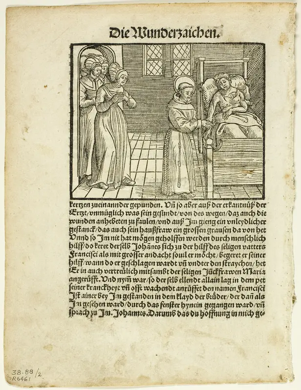 Saint Francis Heals the Grievous Wounds of One John at Lerida, plate two from Woodcuts from Books of the XVI Century Wall Art by Hieronymus Höltzel - High-Resolution Digital Print