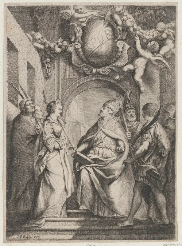 Saint Gregory surrounded by other saints, in front of an archway with putti holding garlands overhead Wall Art by Anonymous - High-Resolution Digital Print