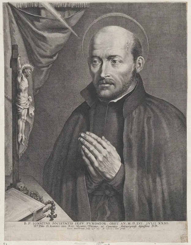 Saint Ignatius of Loyola, praying towards the left with a crucifix, a rosary, a book, and a skull on the table in front of him Wall Art by Lucas Vorsterman I - High-Resolution Digital Print