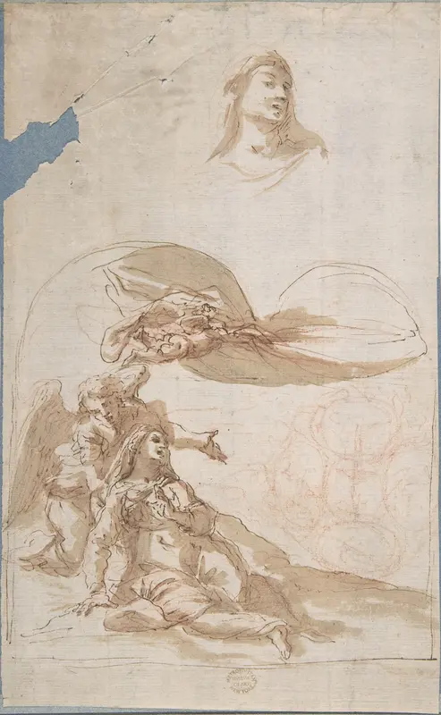 Saint in Ecstasy; Study of Saint's Head (recto); Sketches of Putti (verso) Wall Art by Anonymous, Italian, Roman-Bolognese, 17th century - High-Resolution Digital Print