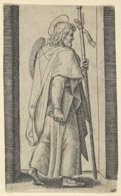 Saint James Major, book is his right hand, staff in his left facing right, from "Piccoli Santi" (Small Saints)