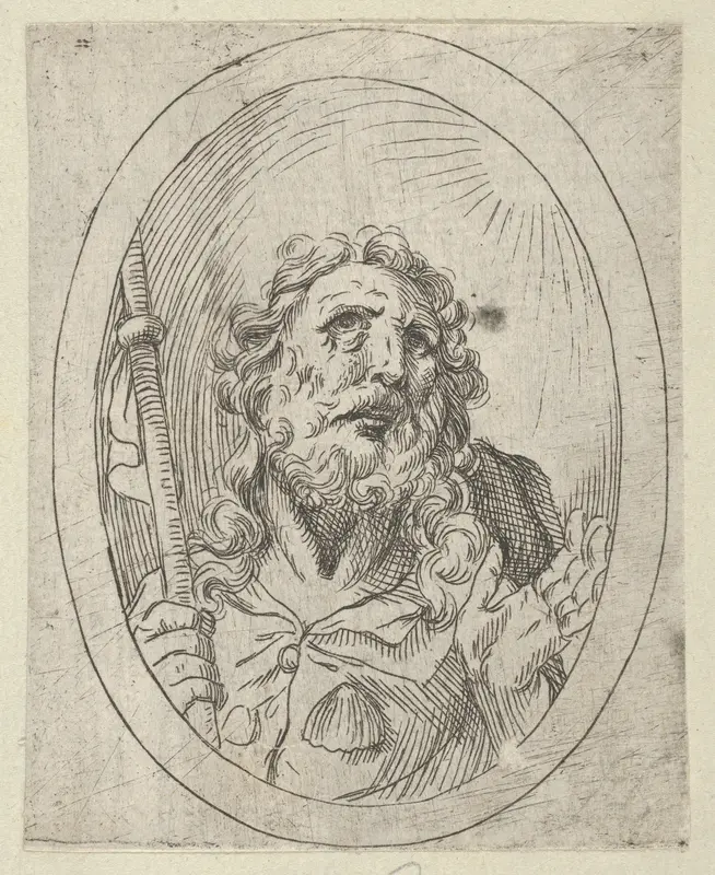 Saint James Major, looking upwards and holding a staff, from "Christ, the Virgin, and Thirteen Apostles" Wall Art by Anonymous, 17th century - High-Resolution Digital Print